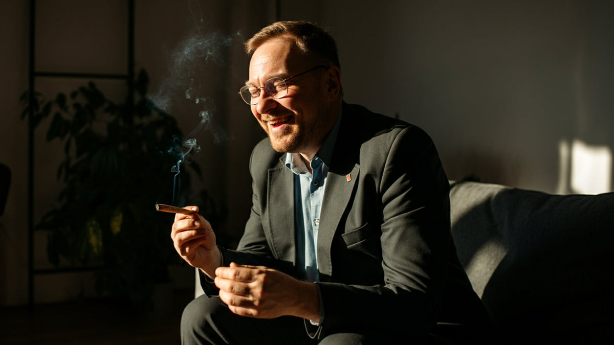 War veteran smoking a nine realms cannabis joint in the living room