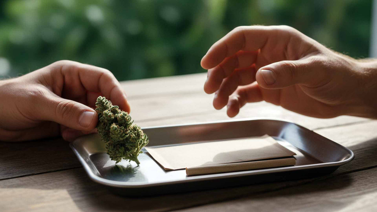 Nine Realms cannabis flower on a metal rolling tray without a grinder