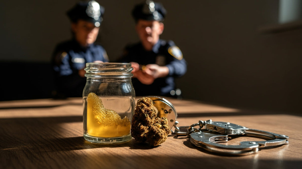 police looking at nine realms live rosin extract in a glass jar