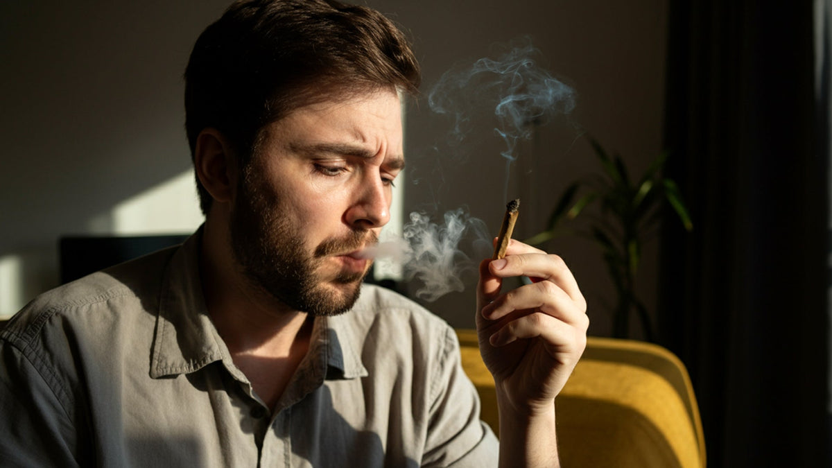 Nine realms customer smoking a pre-roll joint in the living room