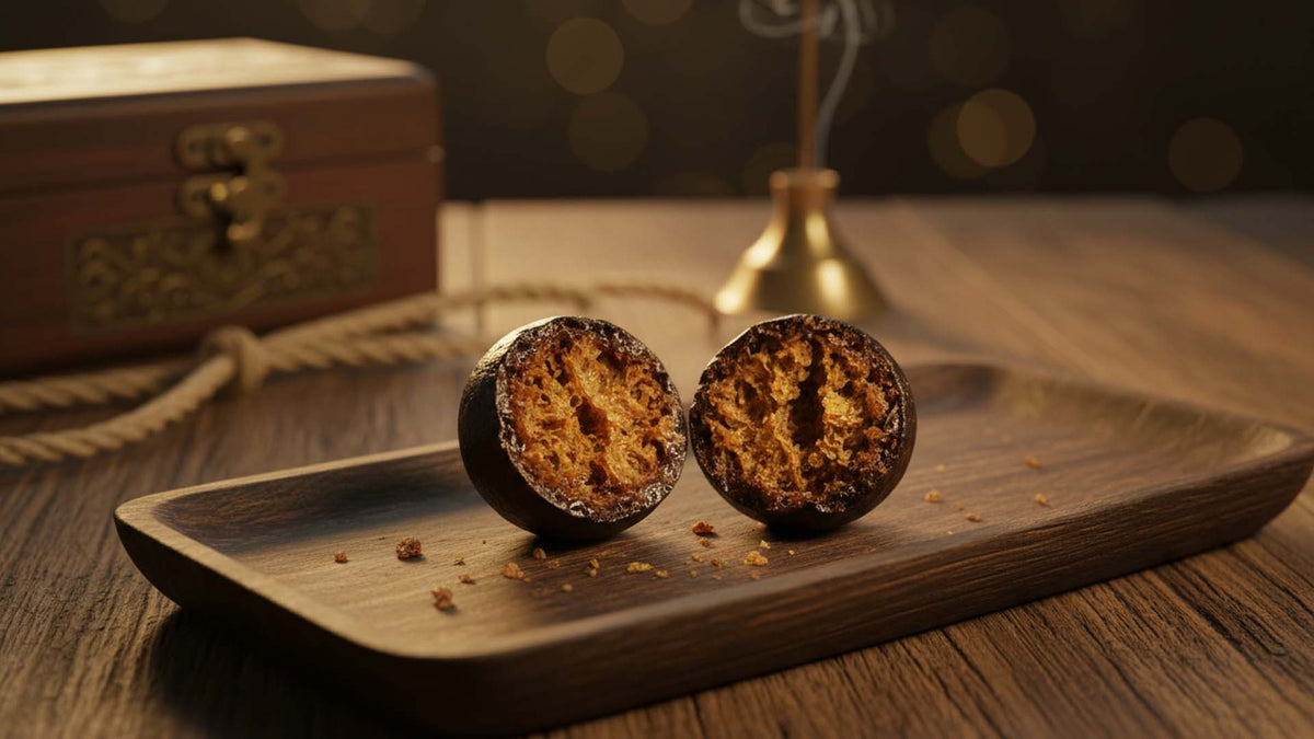 Temple ball hash from Nine Realms split in half on a wooden rolling tray