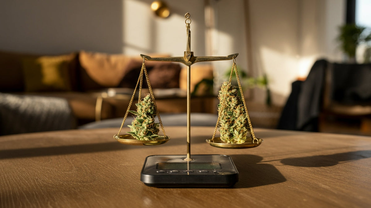 Nine realms thc and thcp cannabis flower on the scales