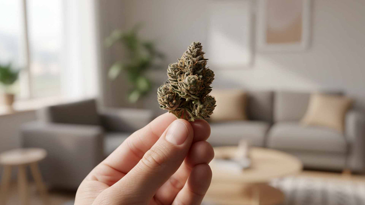 Nine Realms THC-X flower held in the hand