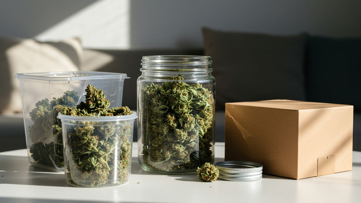 Nine realms THCP flower buds in different storage boxes placed on a white desk in the living room