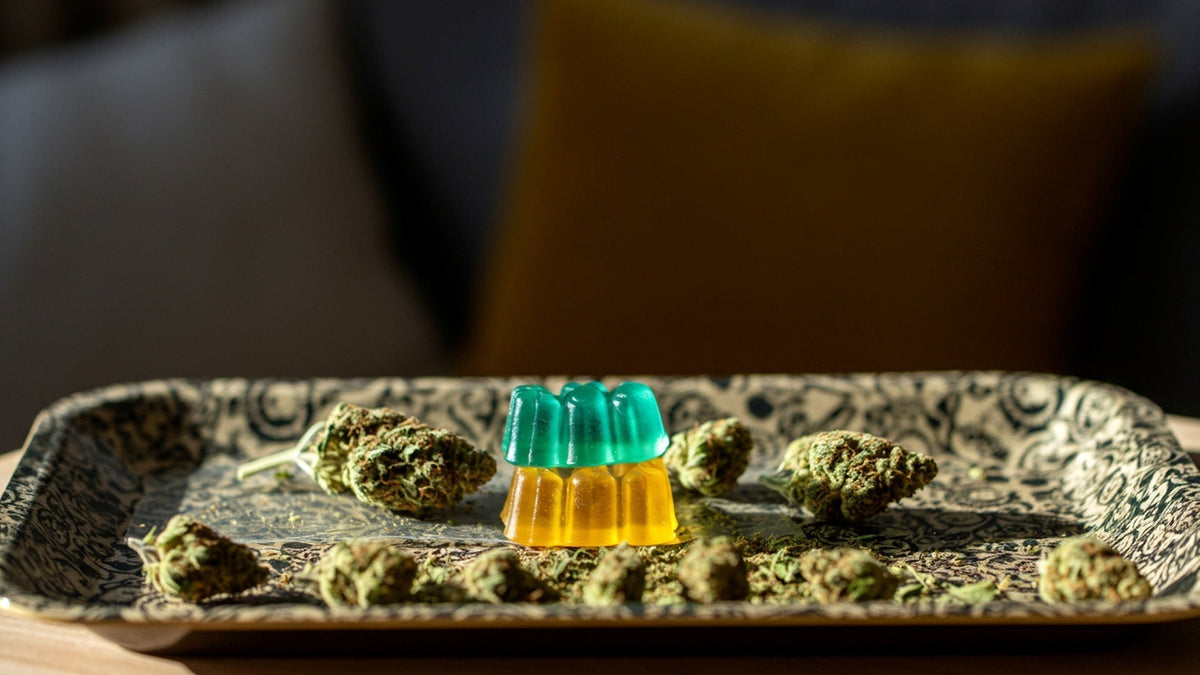 Nine realms THCP gummies on a rolling tray