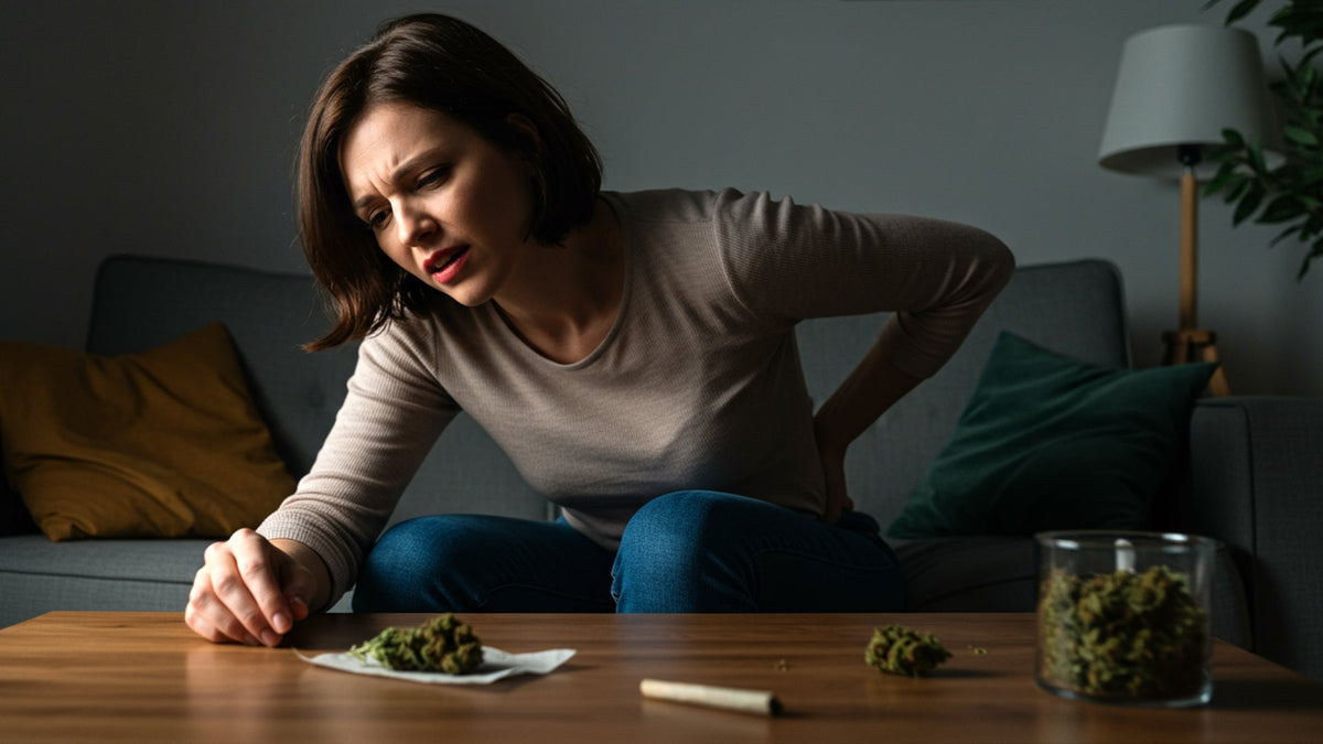 Woman with back pain holding her back and sitting on a grey couch with nine realms cannabis flower on the table