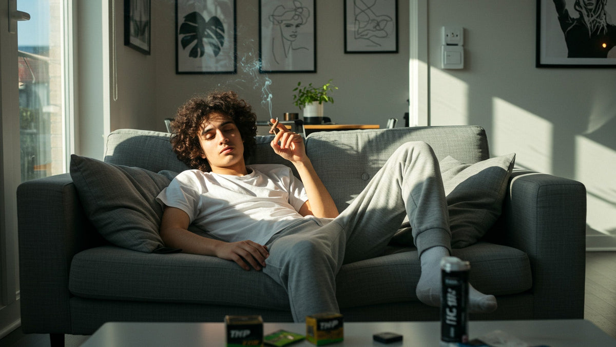 Man smoking a nine realms THCP joint on a grey couch in the living room