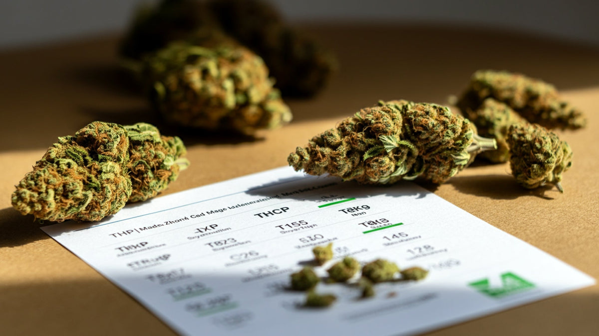 different nine realms THCP strains on a table with a list next to it