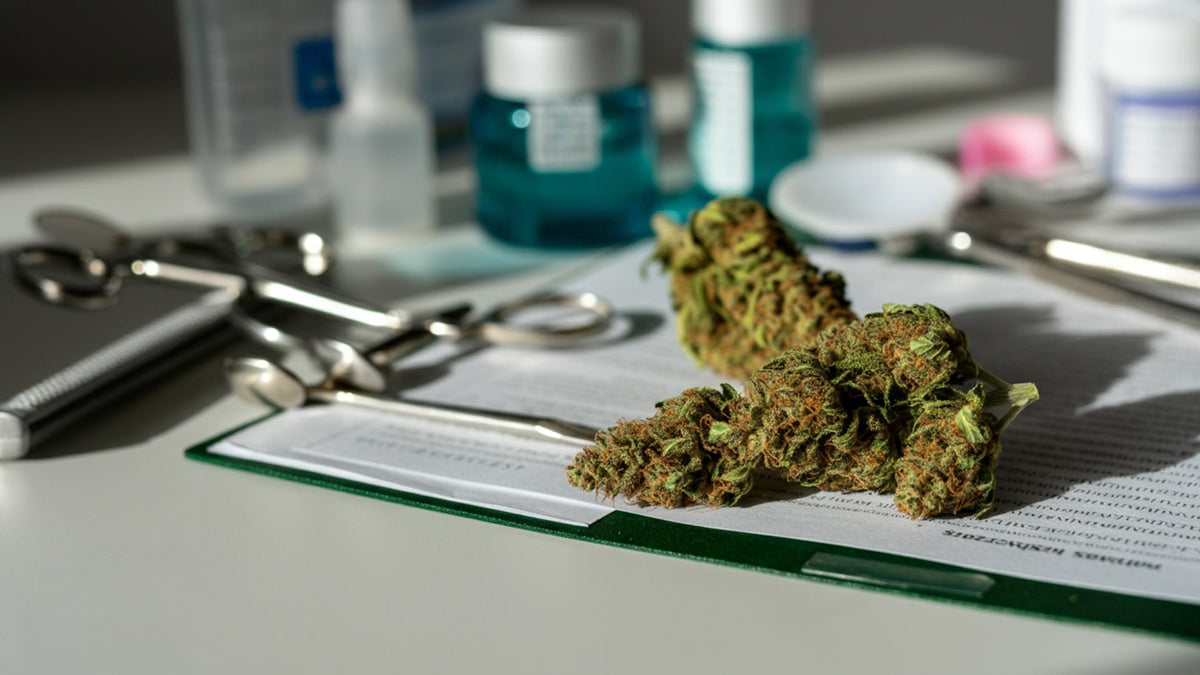 nine realms thcp cannabis flower buds on a doctor's office table