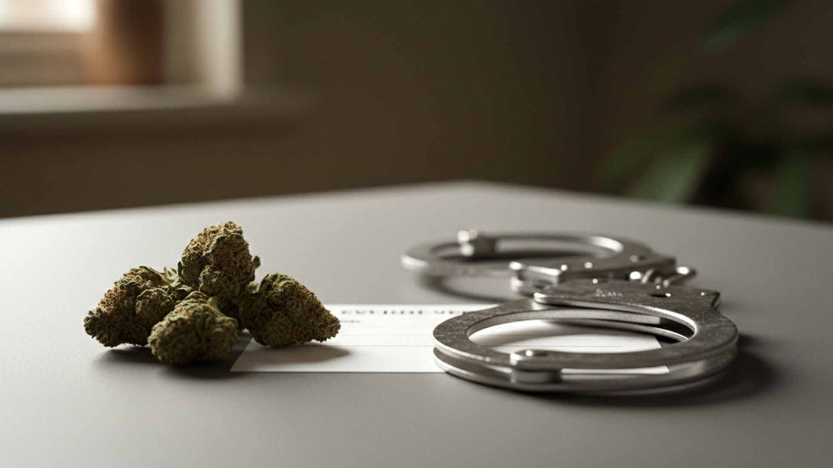 Nine Realms THP420 flower buds next to hand cuffs on a grey table