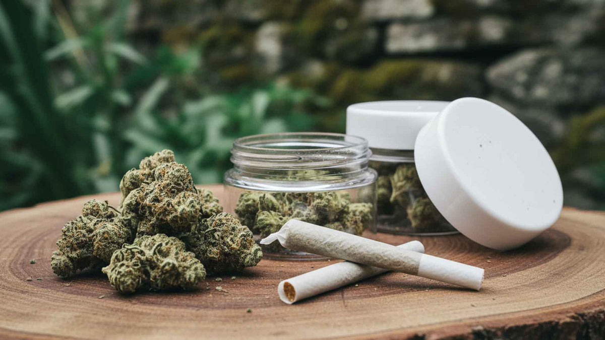 Nine Realms THP420 flower and pre-rolls on a wooden table in nature