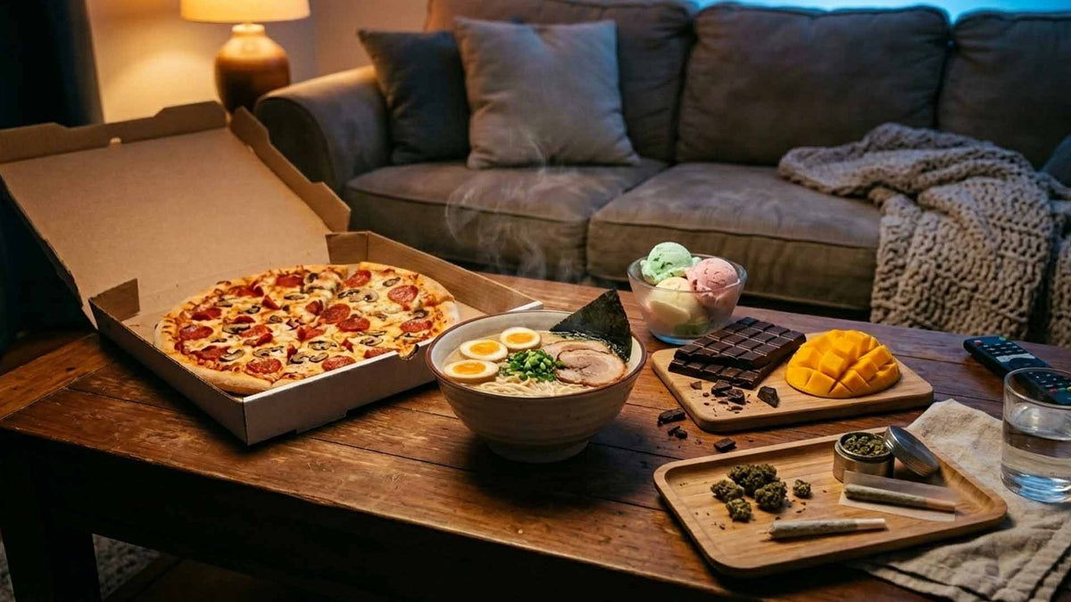 Different types of munchies, like pizza, chocolate, mango, ramen, ice cream on a wooden table with Nine Realms T9HC flowers on a rolling tray