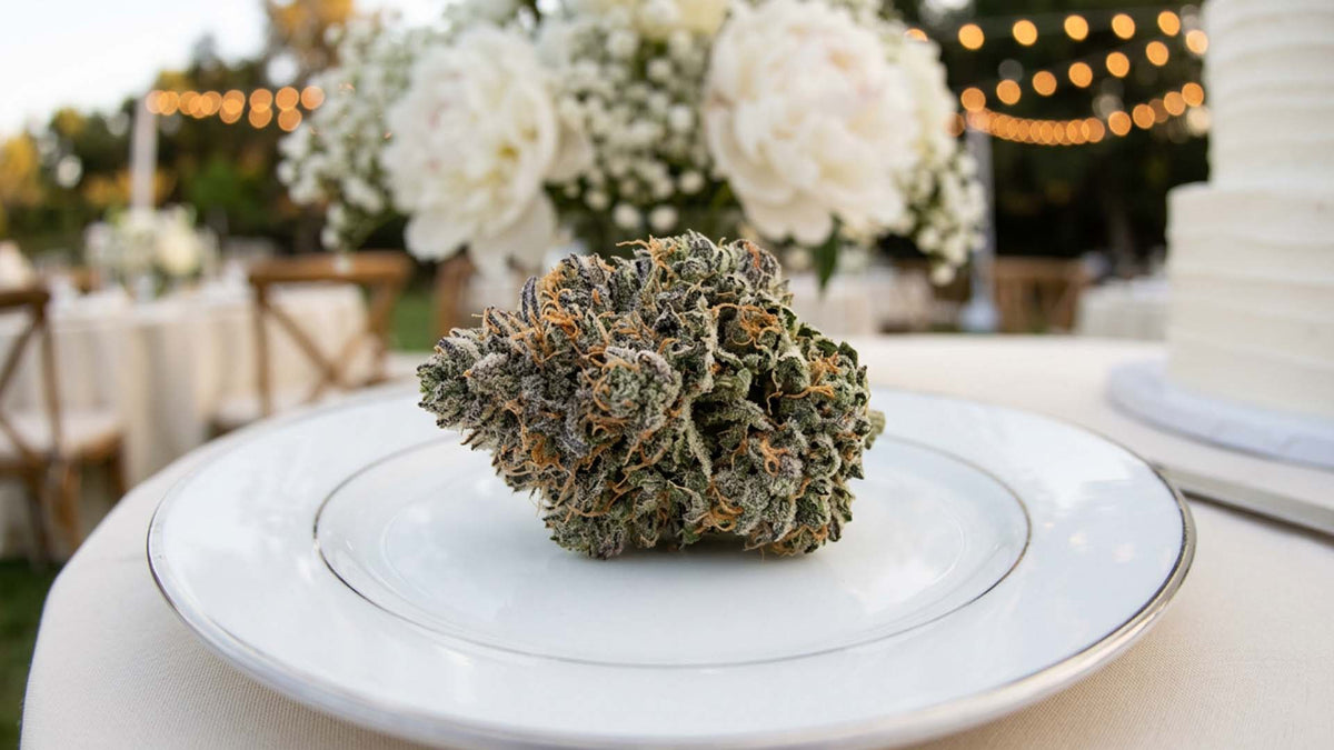 Nine Realms Wedding Cake strain flower on a white plate in wedding