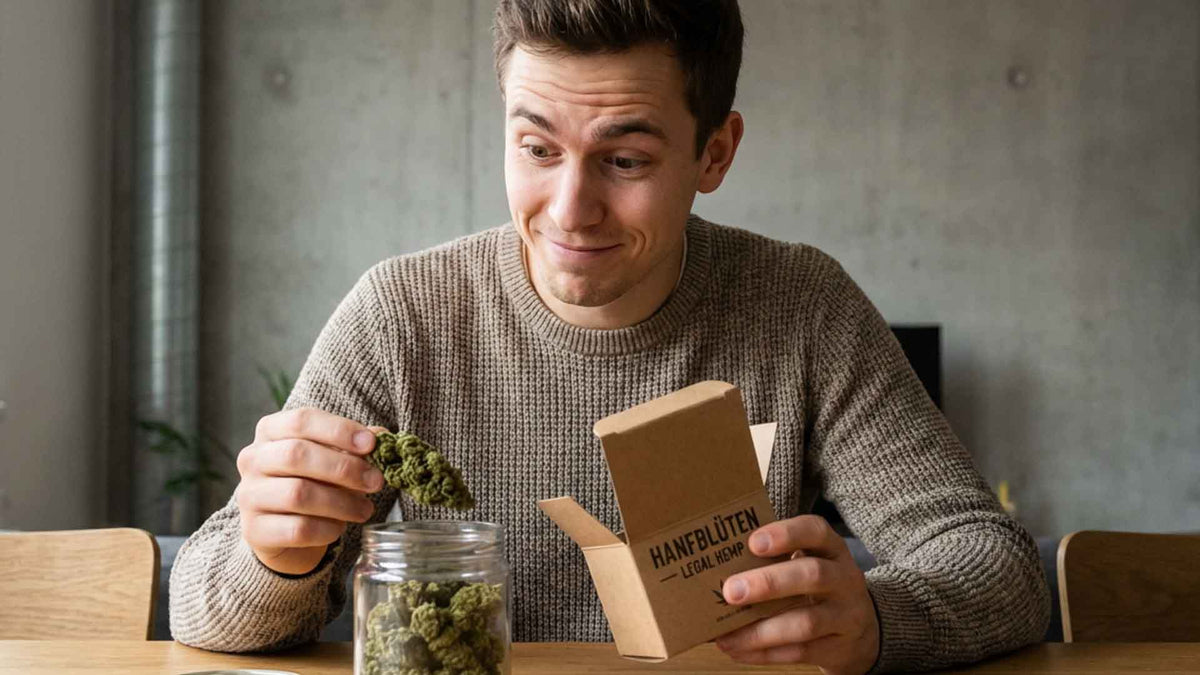 A young german man opening a Nine Realms T9HC flower package in a living room