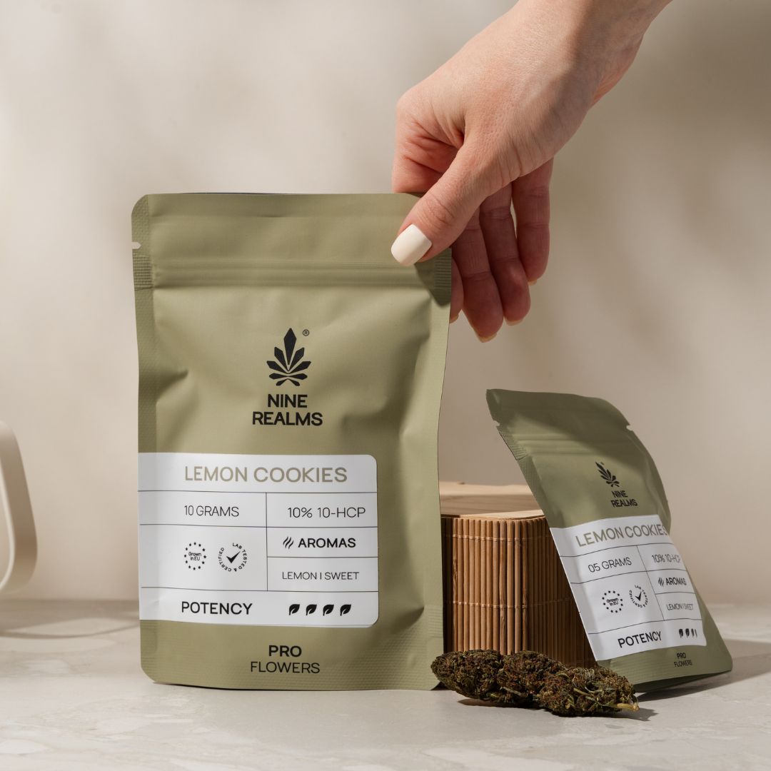 Nine Realms 10-OH-HHCP Flower - Lemon Cookies with hand 