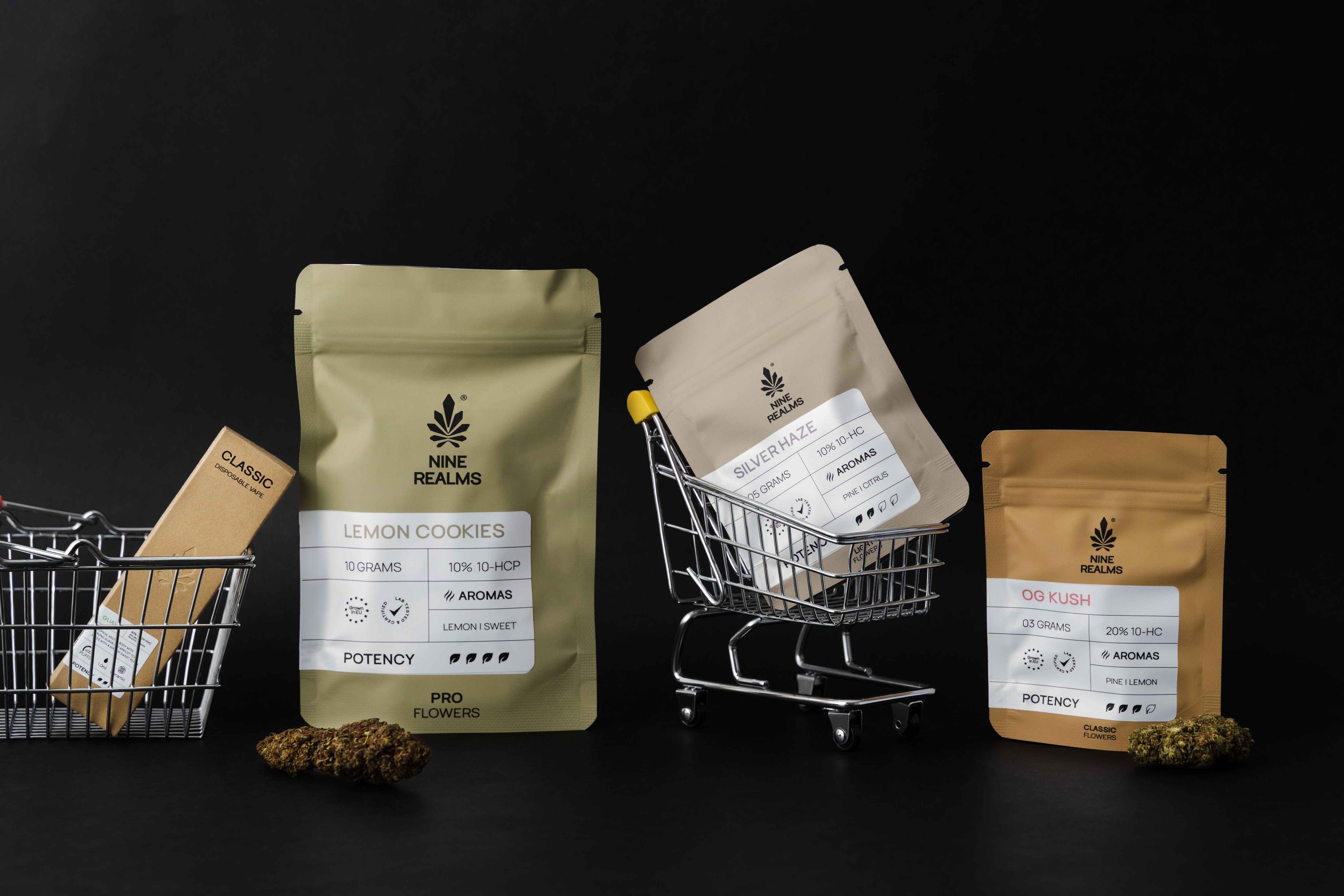 Nine Realms Hemp flowers in shopping carts on a black background