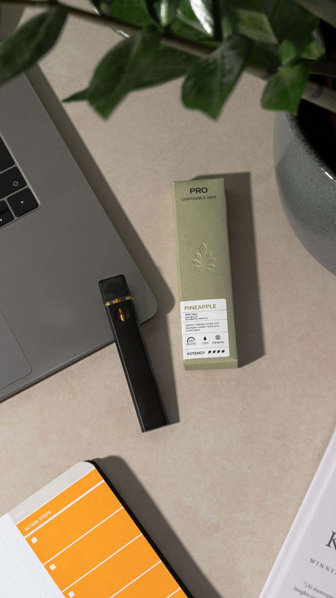 Nine Realms pro vape laying on a macbook in the office