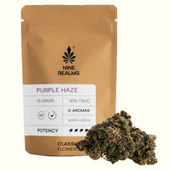 Nine Realms 10g Purple Haze T9HC cannabis flower on a white background with a bud
