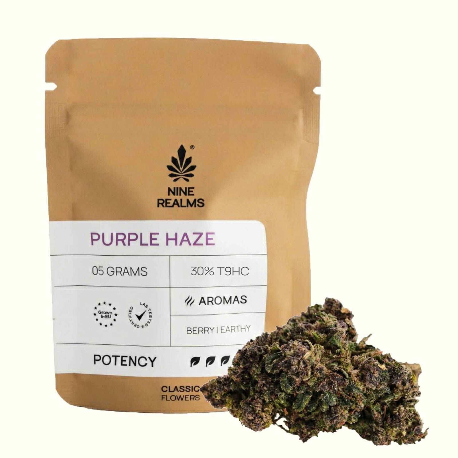 Nine Realms 5g Purple Haze T9HC cannabis flower on a white background with a bud