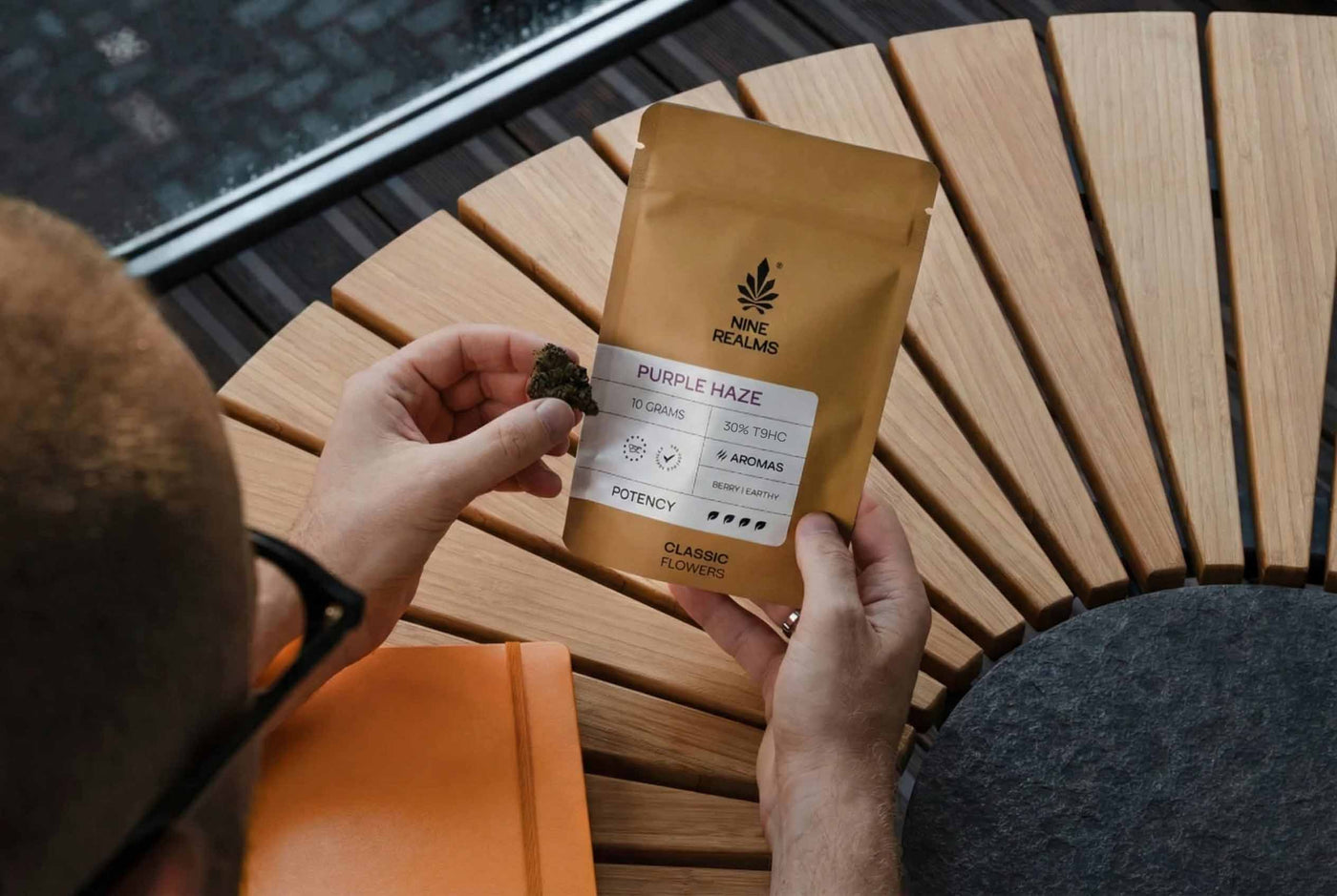 nine realms purple haze classic T9HC cannabis flower in hands