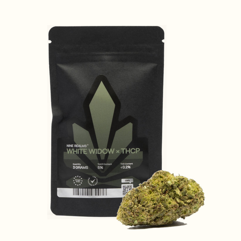 Nine Realms White Widow cannabis flower bud with a 3 gram doypack package and no background