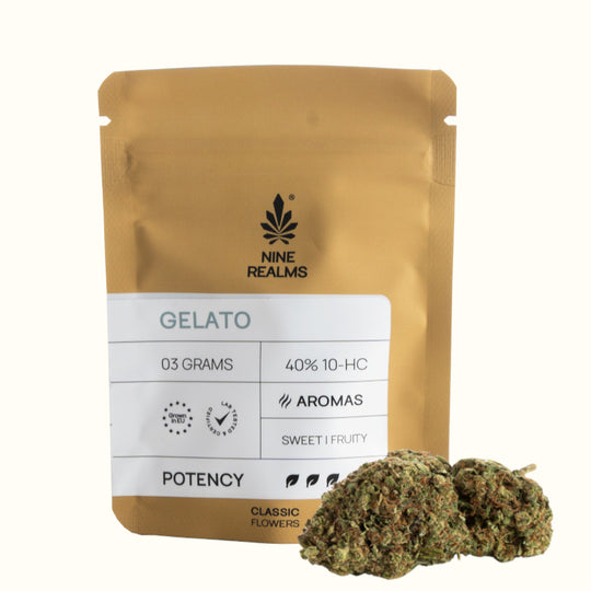 Nine Realms Gelato Cannabis Flower 10 OH HHC no background kaufen 3 grams