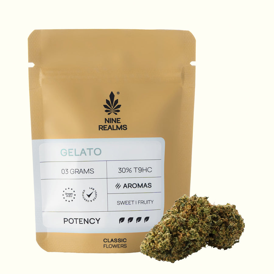Nine Realms Gelato Cannabis Flower T9HC no background kaufen 3 grams