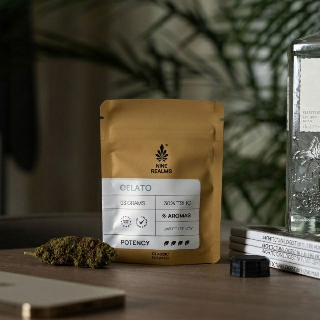 Nine Realms Gelato Cannabis Flower T9HC on a table