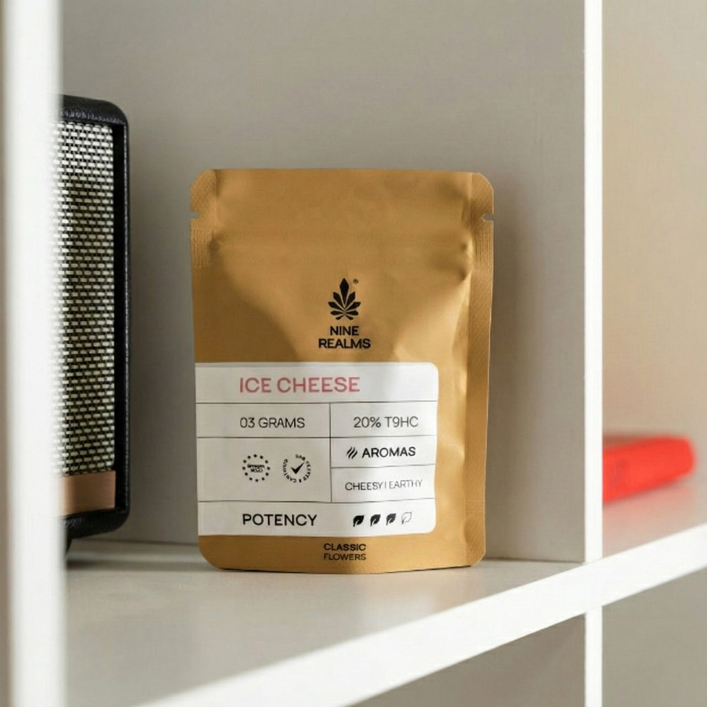 Nine Realms Ice Cheese Cannabis Flower T9HC on a shelf