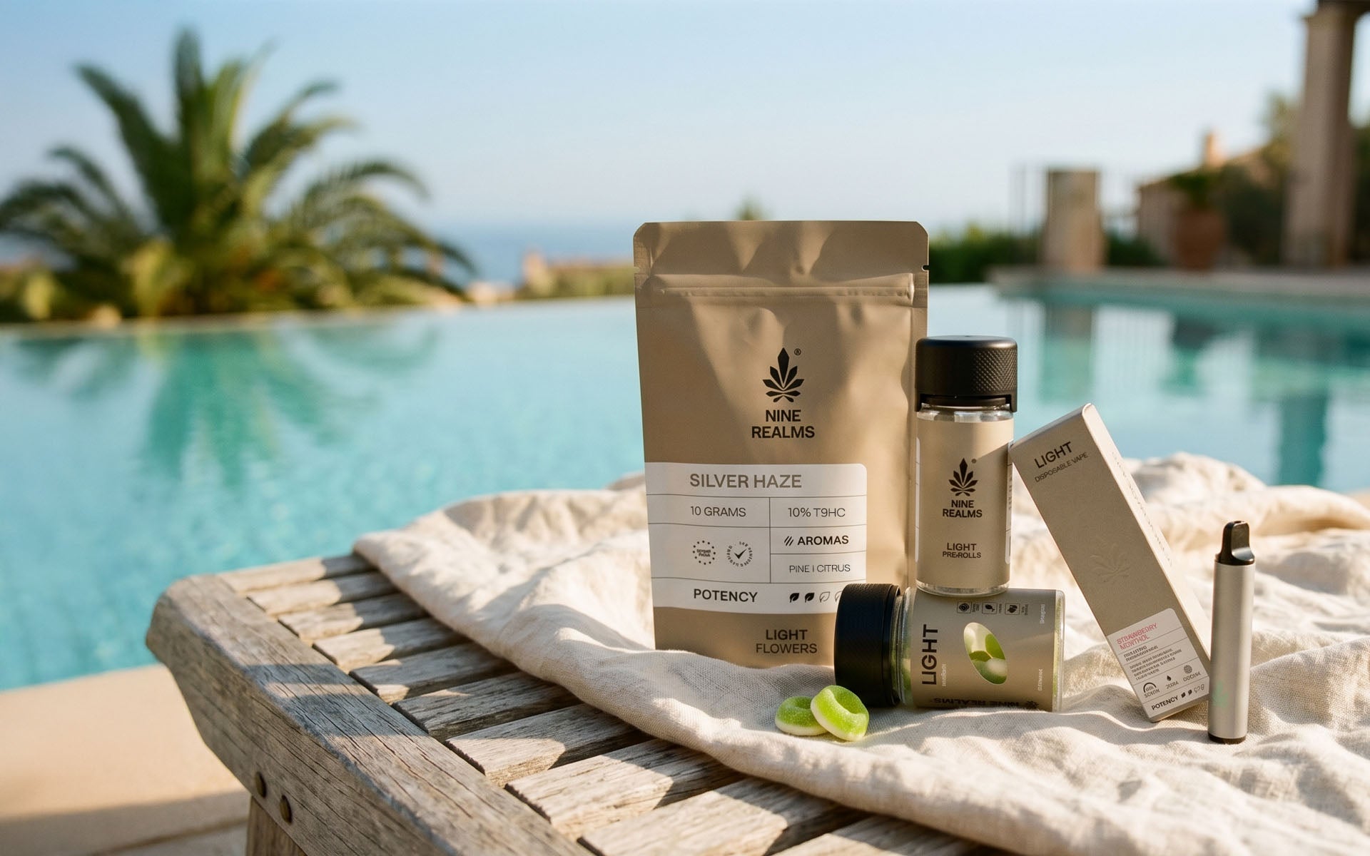 Nine Realms T9HC LIGHT Cannabis bundle on a towel next to a pool