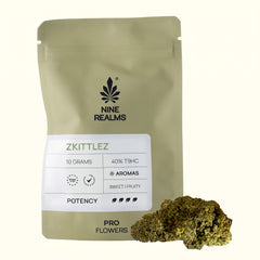Nine Realms Zkittlez T9HC flowers, 10g PRO pouch with a Zkittlez bud