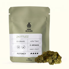 Nine Realms Zkittlez T9HC flowers, 3g PRO pouch with a Zkittlez bud