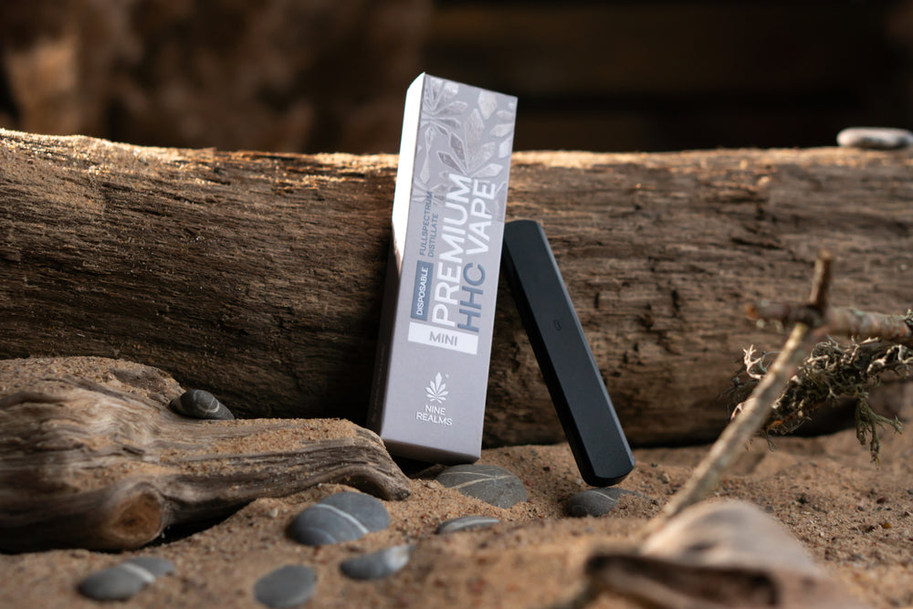nine realms premium disposable hhc vape with packaging in a natural artistic beach composition 
